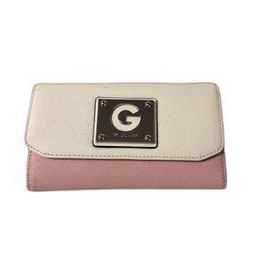 Guess Women Tri Fold Wallet Pink White Sliver Logo 7” X 4” Preppy